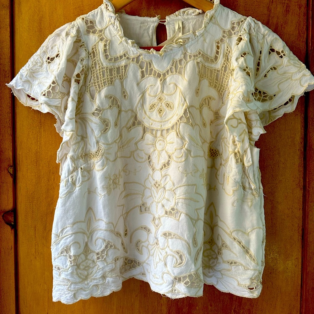 ANTHROPOLOGIE BLOUSE-capped sleeve, cotton cream w/ camel-eyelet fabric. Perfect